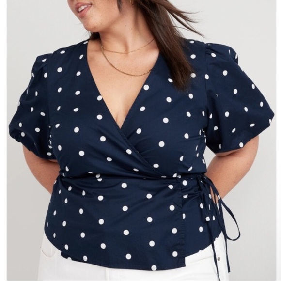Old Navy Navy White Dots Waist Defined Puff Short Sleeve Tie-Wrap Blouse - Picture 1 of 16
